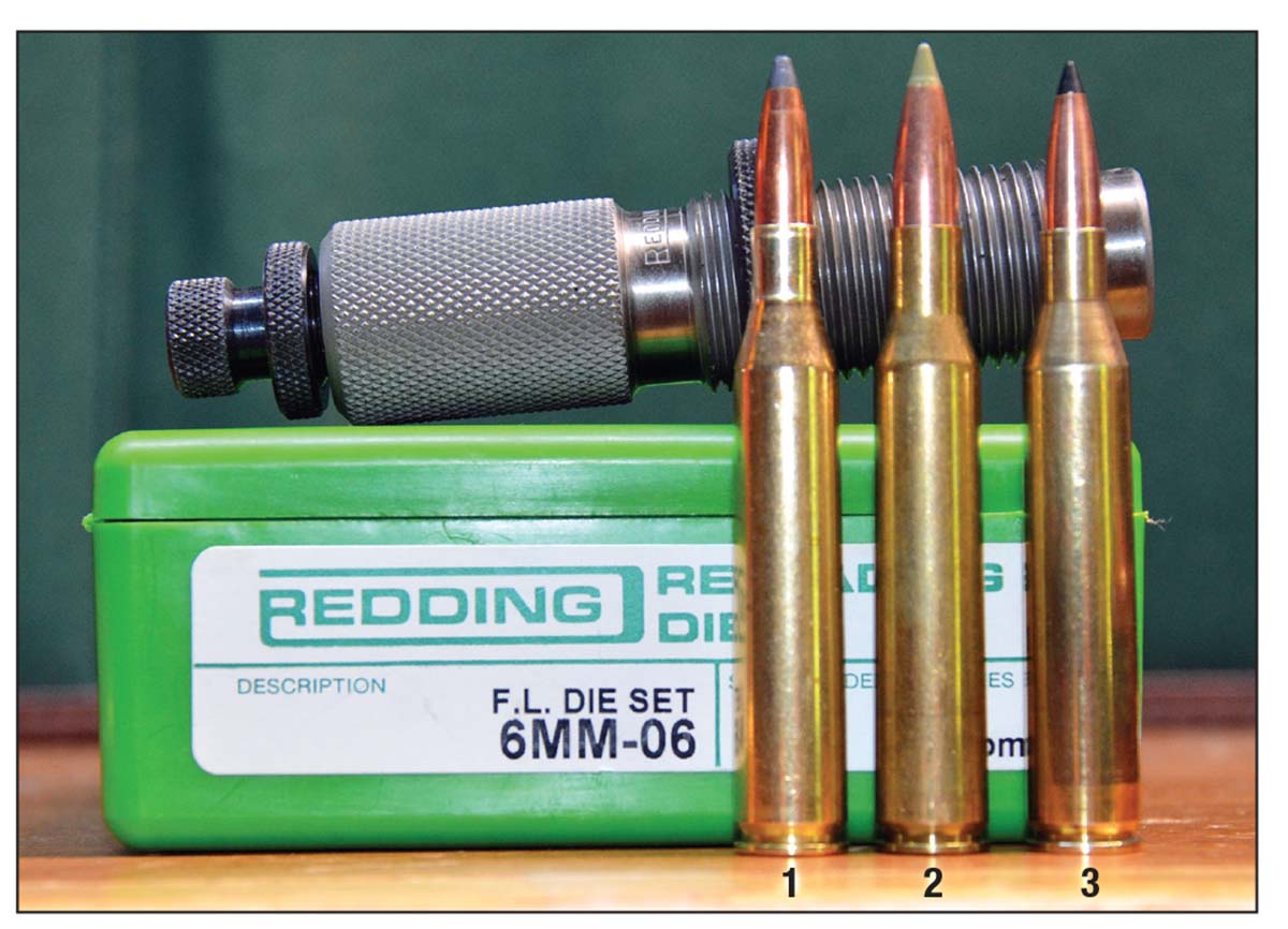 The 6mm Super Varminter created during the 1930s by gunsmith Jerry Gebby by necking down the 270 Winchester case may have been the first wildcat cartridge of its caliber: (1) 6mm Super Varminter cartridge, (2) 270 Winchester cartridge and (3) 6mm-06 cartridge.